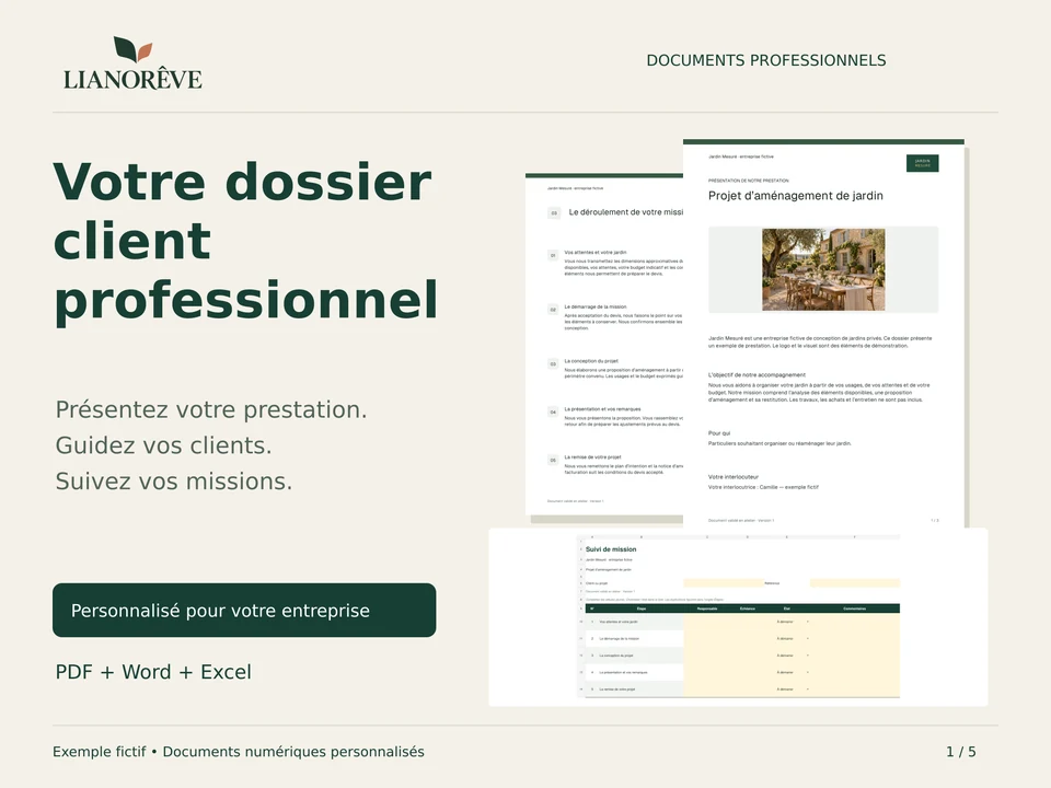 Exemple Jardin Mesuré : dossier client, déroulement de mission et tableau de suivi Excel